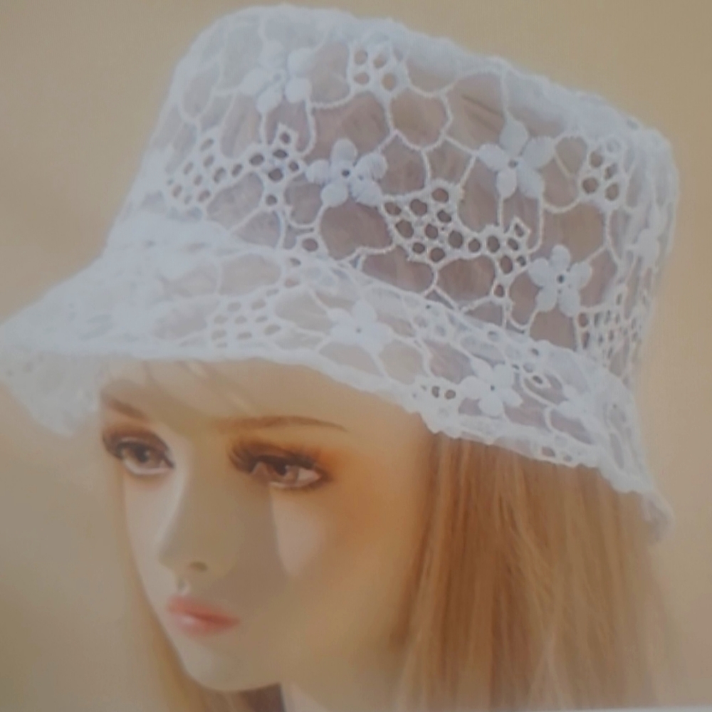 White lace bucket hat with white lace fingerless gloves